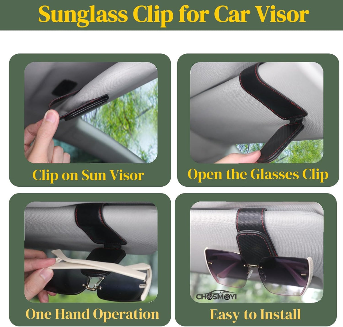 CHOSMOYI Magnetic Leather Sunglass Holder for Car, Sunglasses Clip for Car Visor, Auto Interior Accessories Universal for Different Size Eyeglasses (Black)