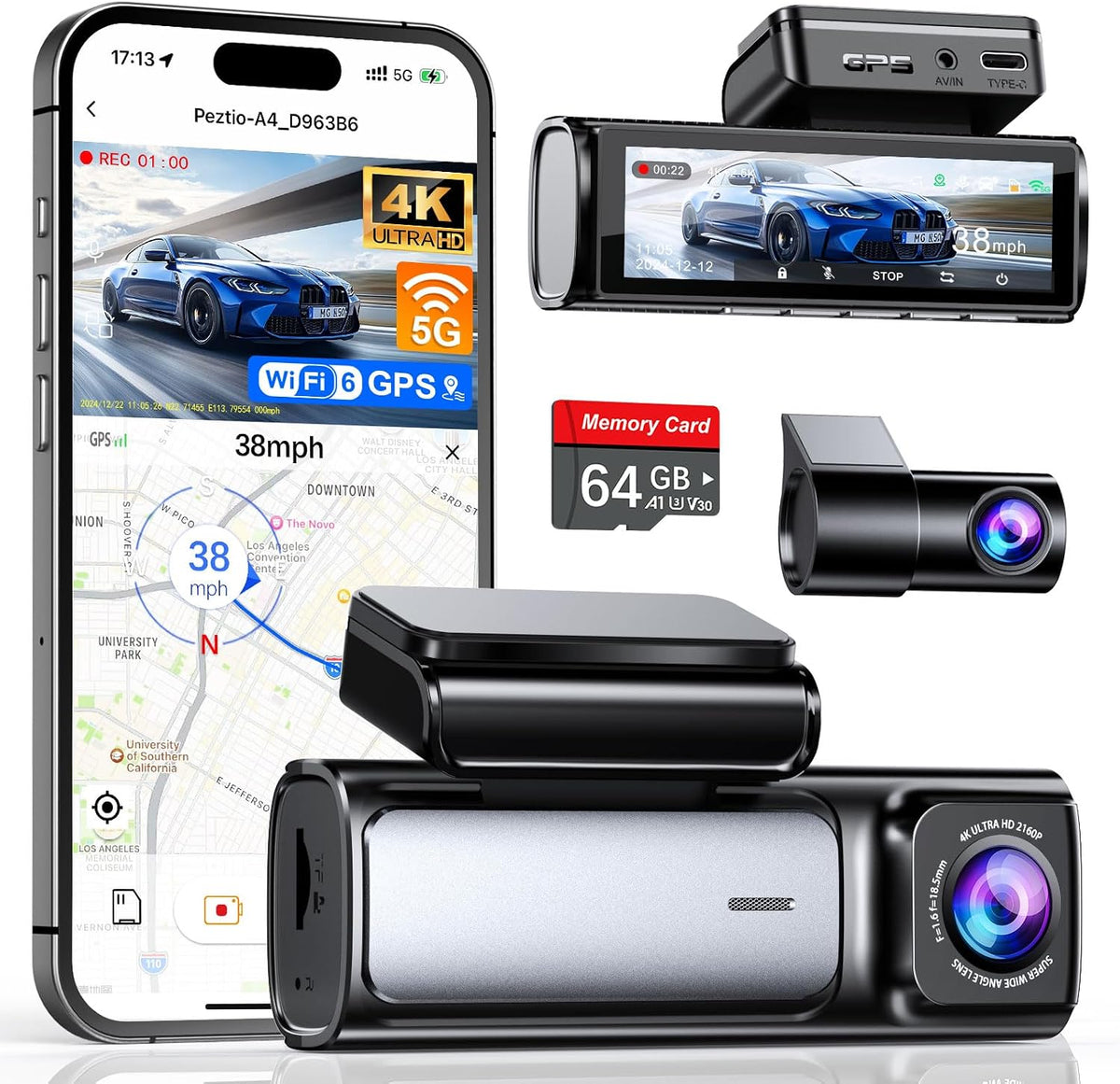 Affver 4K+2.5K Dash Cam Front and Rear, Built-in 5G WiFi 6 GPS, 64GB Card Included, 3.59'' IPS Screen Dash Camera for Cars, Dual Dashcam with G-Sensor, Loop Recording, 24H Parking Monitor