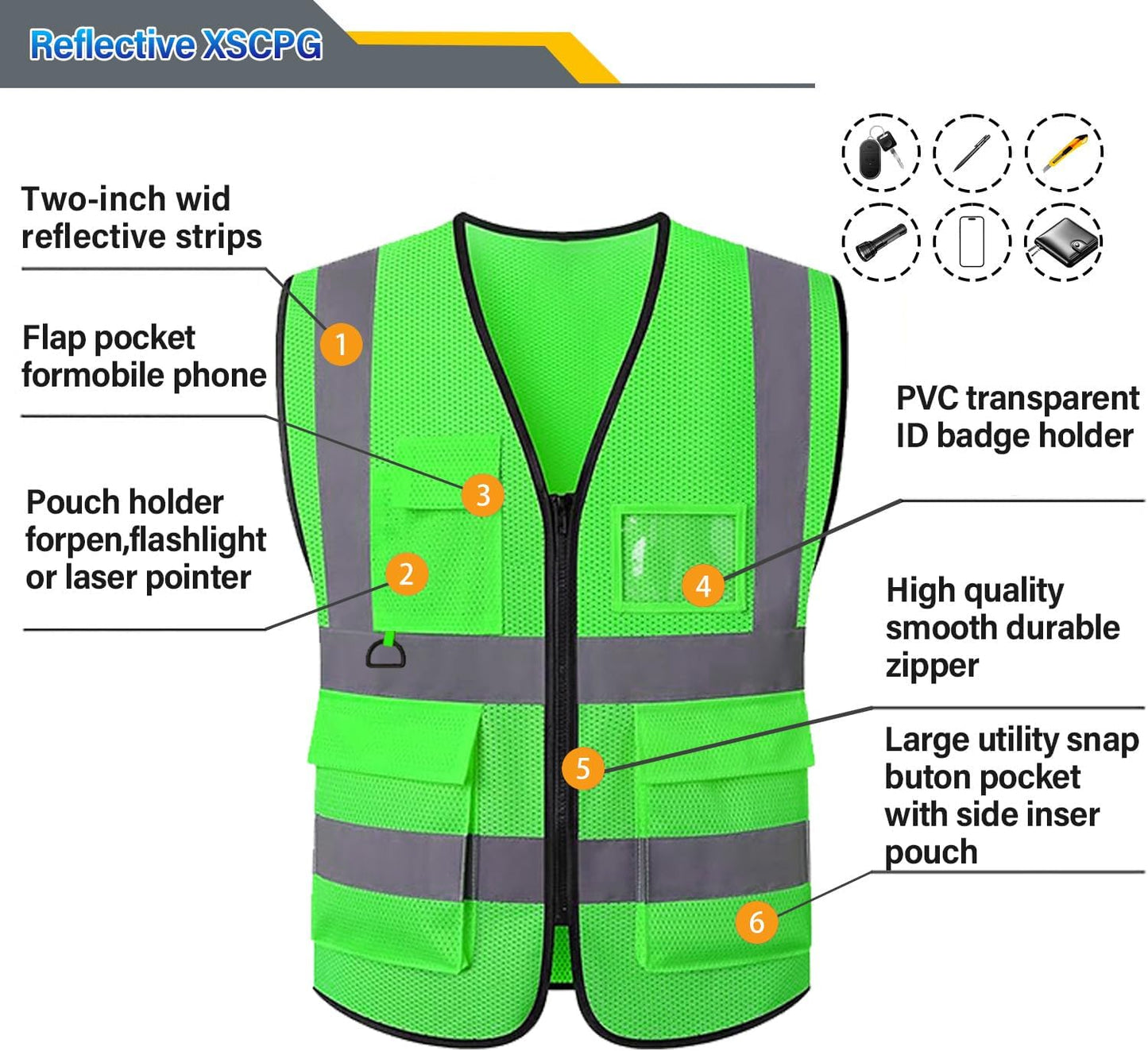 Reflective Mesh Safety Vest, Breathable Hi Vis Vest Construction Work with 5 Pockets and Zipper for Men Women