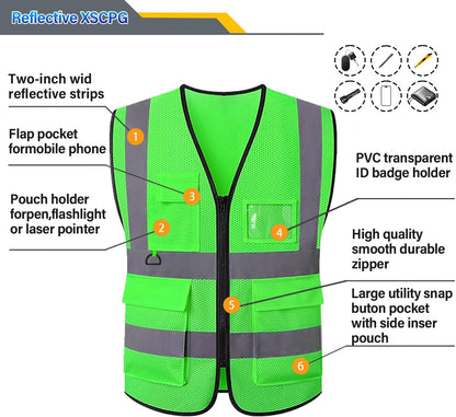 Reflective Mesh Safety Vest, Breathable Hi Vis Vest Construction Work with 5 Pockets and Zipper for Men Women