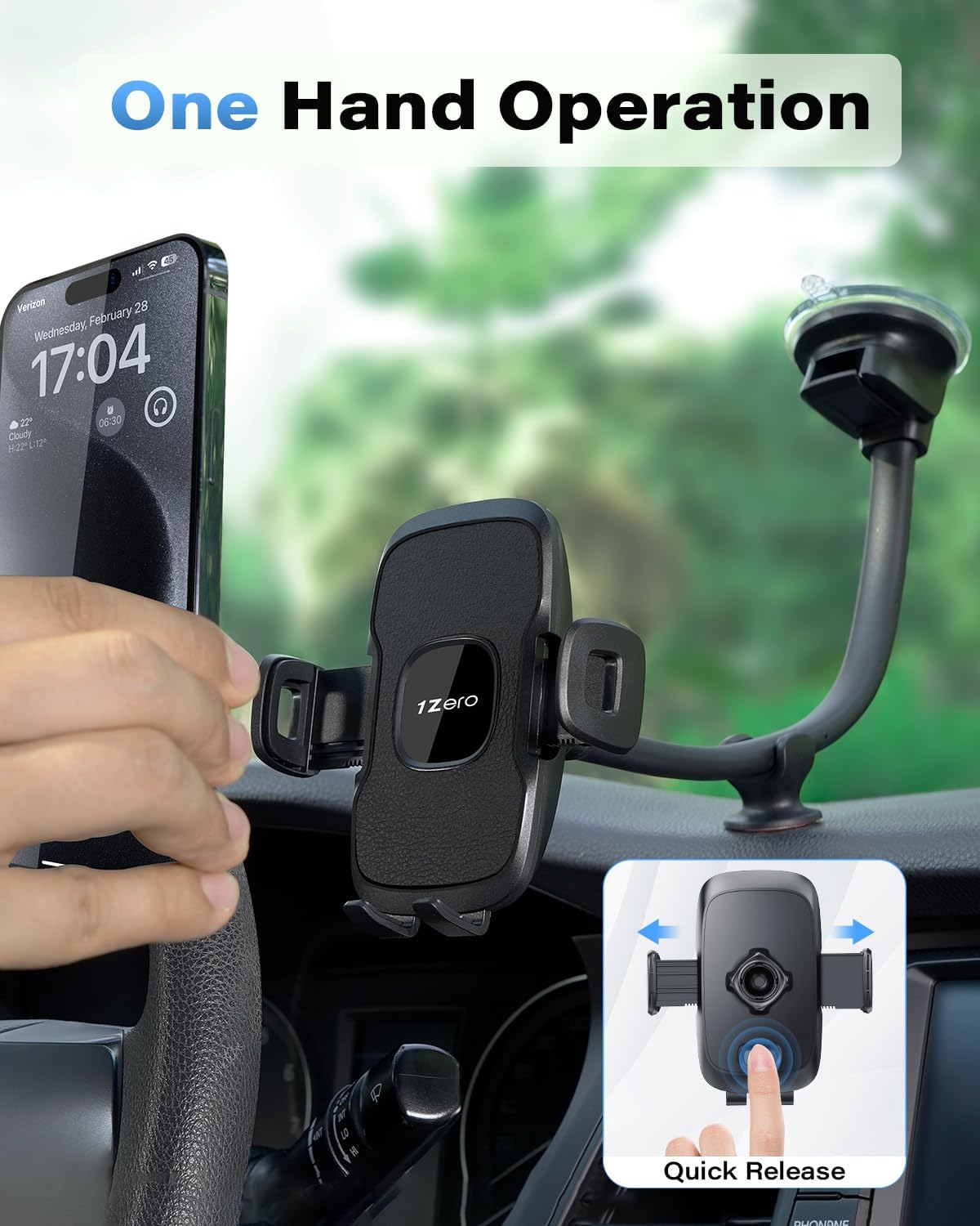 1Zero Solid Car Truck Phone Mount Holder with 14-Inch Gooseneck Long Arm, Windshield Window Mobile Holders w/Industrial-Strength Suction Cup, Anti-Shake Stabilizer Compatible All Cell Phones iPhone