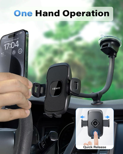 1Zero Solid Car Truck Phone Mount Holder with 14-Inch Gooseneck Long Arm, Windshield Window Mobile Holders w/Industrial-Strength Suction Cup, Anti-Shake Stabilizer Compatible All Cell Phones iPhone