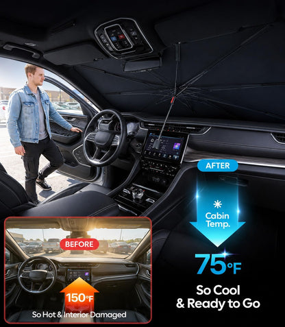 Wigoo Windshield Sun Shade Umbrella for Tesla Model Y [100% Sun Blockage, Ice Cooling Fabric] Foldable Heat Insulation Front Window Sunshade Umbrella for Tesla Model Y 2020–2026 (Juniper)