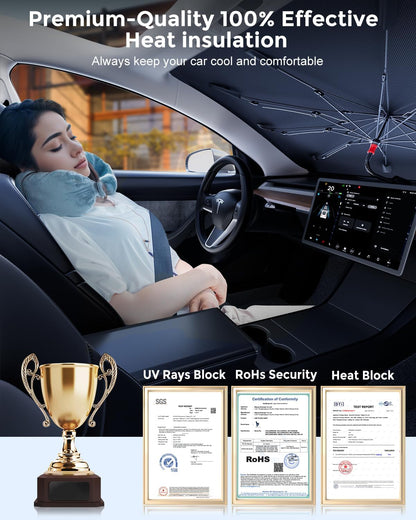 DMJN Umbrella Windshield Sun Shade - Medium, Car Sunshade for Front Windshield [Nano Ice-Crystal Coatings] UPF50+ Heat & UV Block, Protect Interior & Keep Cooler Universal for Car, SUV, Truck