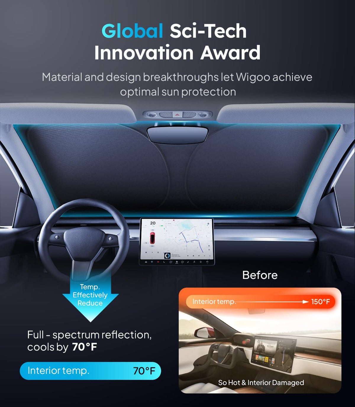 Wigoo Tesla New Model Y Accessories Windshield Sunshade [OEM Design, 100% Sun Blockage] Foldable Heat Insulation Sunshade with Storage Bag, for Model Y 2020~2026 (Juniper), Silver Coating - Colors B