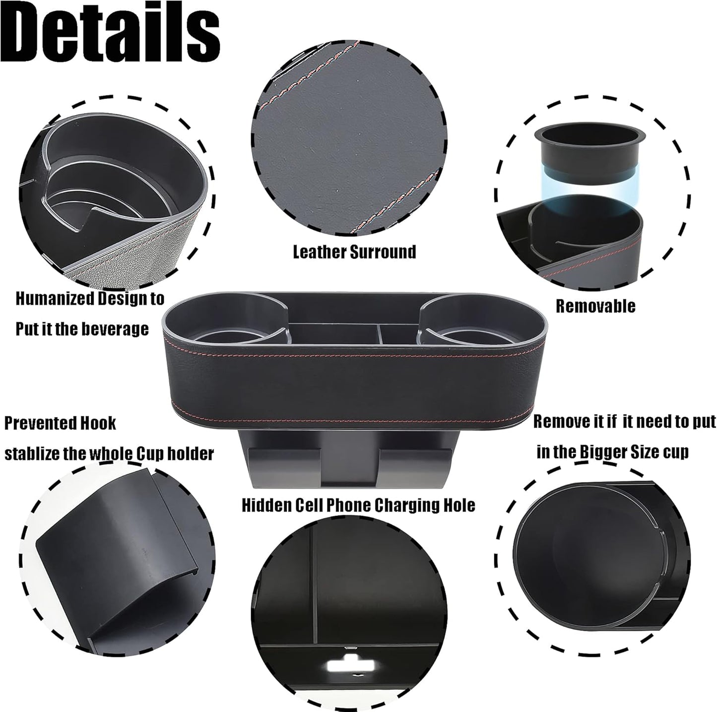 IOKONE Car Cup Holder, Auto Cup Drink Holders，Multifunctional Auto Front Seat Organizer with PU Leather Cover, Gap Filler Storage Box Coin Bucket Console Side Pocket Cell Mobile Phone Holder (Black)