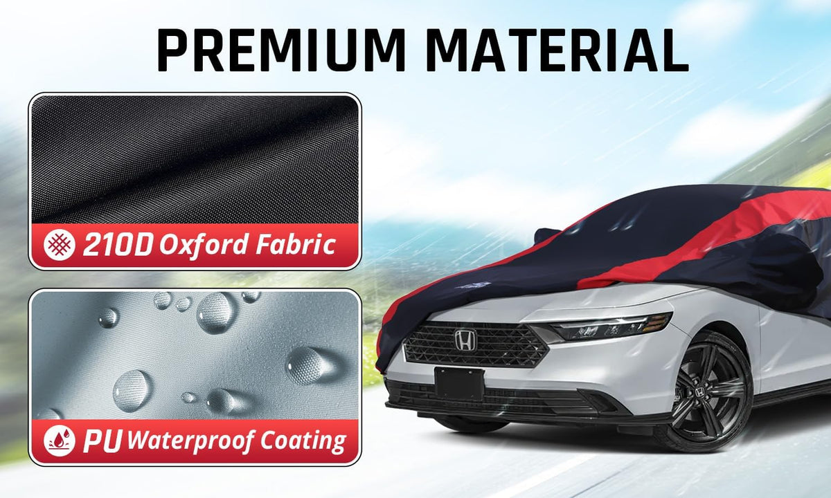 Car Cover Waterproof All Weather Protection with Red Stripe Design, Universal Fit Toyota Camry Solara, Ford Fusion, Kia Stinger Optima, Nissan Maxima, VW Passat, Subaru Legcy