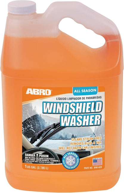 ABRO Windshield Washer Fluid Ready to Use Formula - 1 Gallon, Pre-Mixed, Streak-Free Cleanliness, 2-In-1 Removes Bugs & Tar