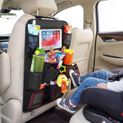 Backseat Car Organizer, 2 Pack Kick Mats Back Seat Protector with Touch Screen Tablet Holder, 9 Storage Pockets for Travel Accessories & Toys, Waterproof & Easy-Clean Black Protector