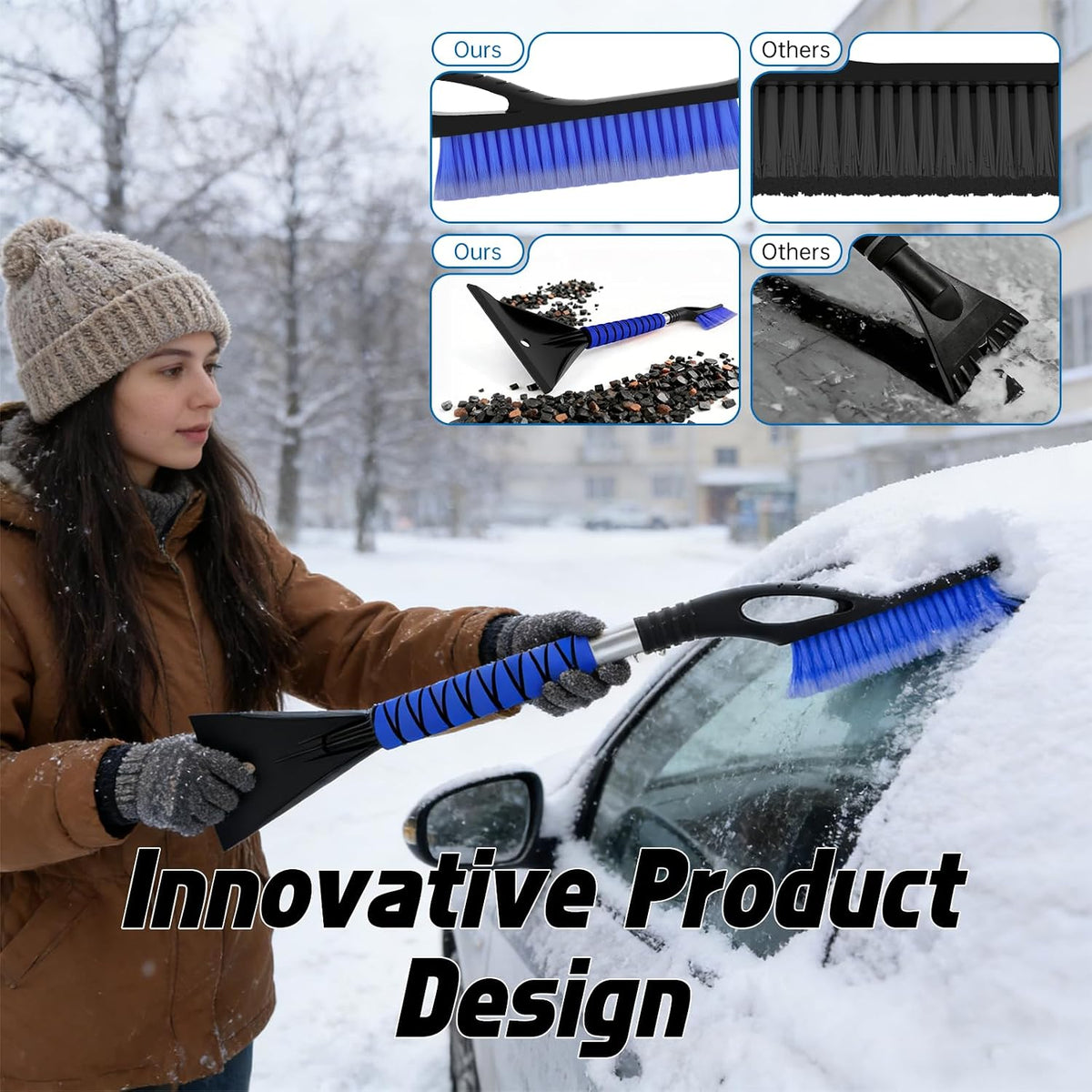 Snow Brush - Ice Scrapers for Car, 27" Detachable Snow Scrapers with Ergonomic Foam Grip for Cars, Trucks, Suvs (Heavy Duty ABS, PVC Brush, Blue)