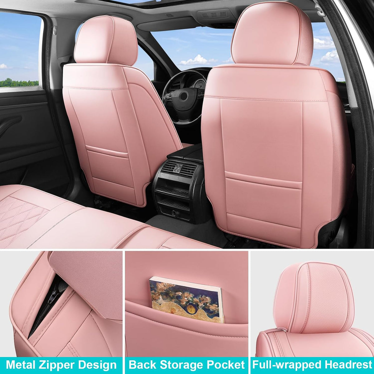 Car Seat Covers Full Set, Pink Leather Seat Covers for Car 5 Seats, Waterproof Car Seat Protector Front Seats Back Seat Cover, Automotive Carseat Cover Universal Fit for Most Cars SUV