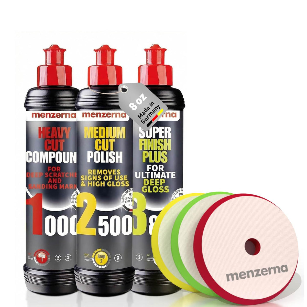 menzerna Polishing Set 8oz – HCC1000, MCC2500 & 3800 | 3-Step System for Scratch Removal, Swirl Elimination & Mirror-Like Finish