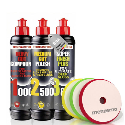 menzerna Polishing Set 8oz – HCC1000, MCC2500 & 3800 | 3-Step System for Scratch Removal, Swirl Elimination & Mirror-Like Finish