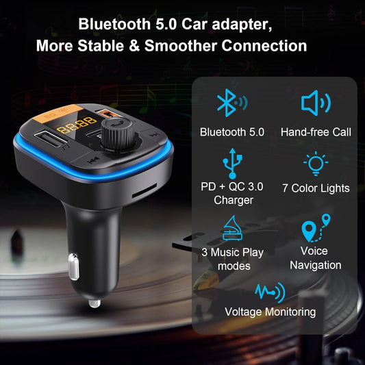 Bluetooth FM Transmitter for Car - BAISHUN Bluetooth 5.0 Adapter PD20W+QC3.0 Cigarette Lighter Radio Receiver Music Player Car Charger Supports Hands-Free Call Siri Google Assistant
