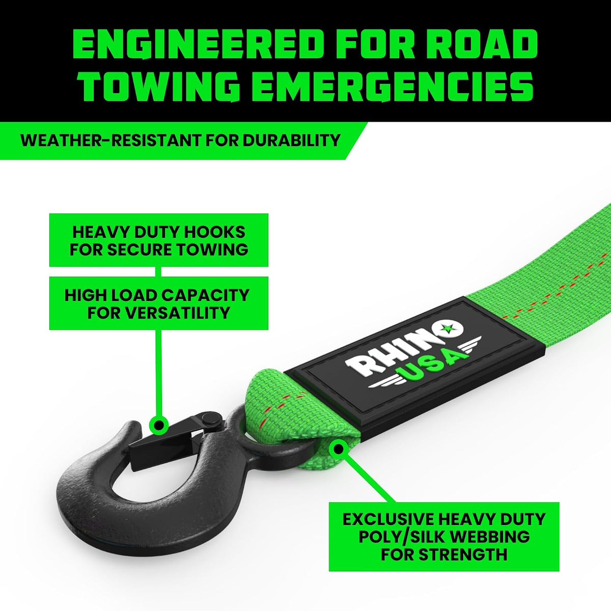 Rhino USA Tow Strap with Hooks (2 Inch x 20 Foot) Lab Inspected 10,321lbs Break Strength - Heavy Duty Emergency Towing Straps with Forged Steel Hooks for Roadside Recovery - Not for OffRoad Recoveries
