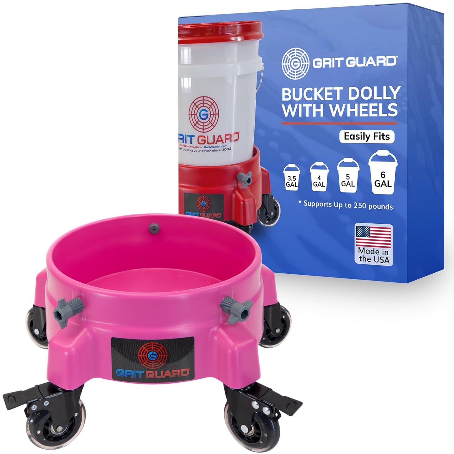 GRIT GUARD Bucket Dolly with Wheels - Rolling Detailing Wash Bucket with 5 Wheels and 2 Locking Casters Compatible with 2.5, 4, 5 and 6 Gallon Buckets (Red, 2" Roller Bearing) - Made in the USA
