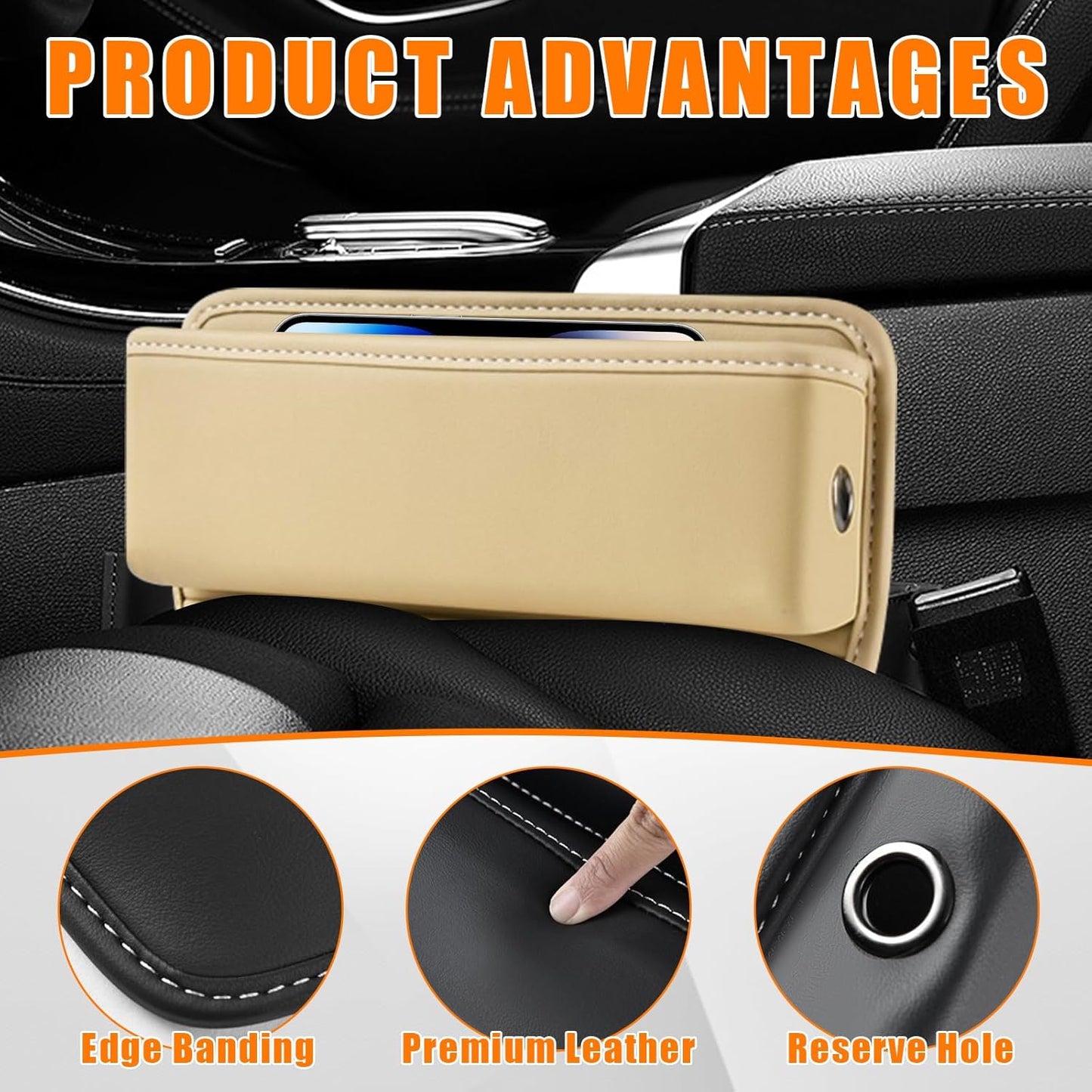 Ziciner Car Seat Gap Organizer, Premium Leather Auto Seat Storage Box, Vehicle Adjustable Front Seat Gap Filler, Car Seat Side Pocket Organizer for Phones, Glasses, Keys, Money, Cards (Black)