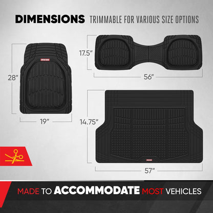 Motor Trend FlexTough 4-Piece Heavy Duty Floor Mats for Cars Trucks SUVs, Automotive Floor Mats Car Mats Full Set Front, Rear & Cargo, Trim-To-Fit Semi-Custom Deep Dish All Weather Rubber Mats - Black
