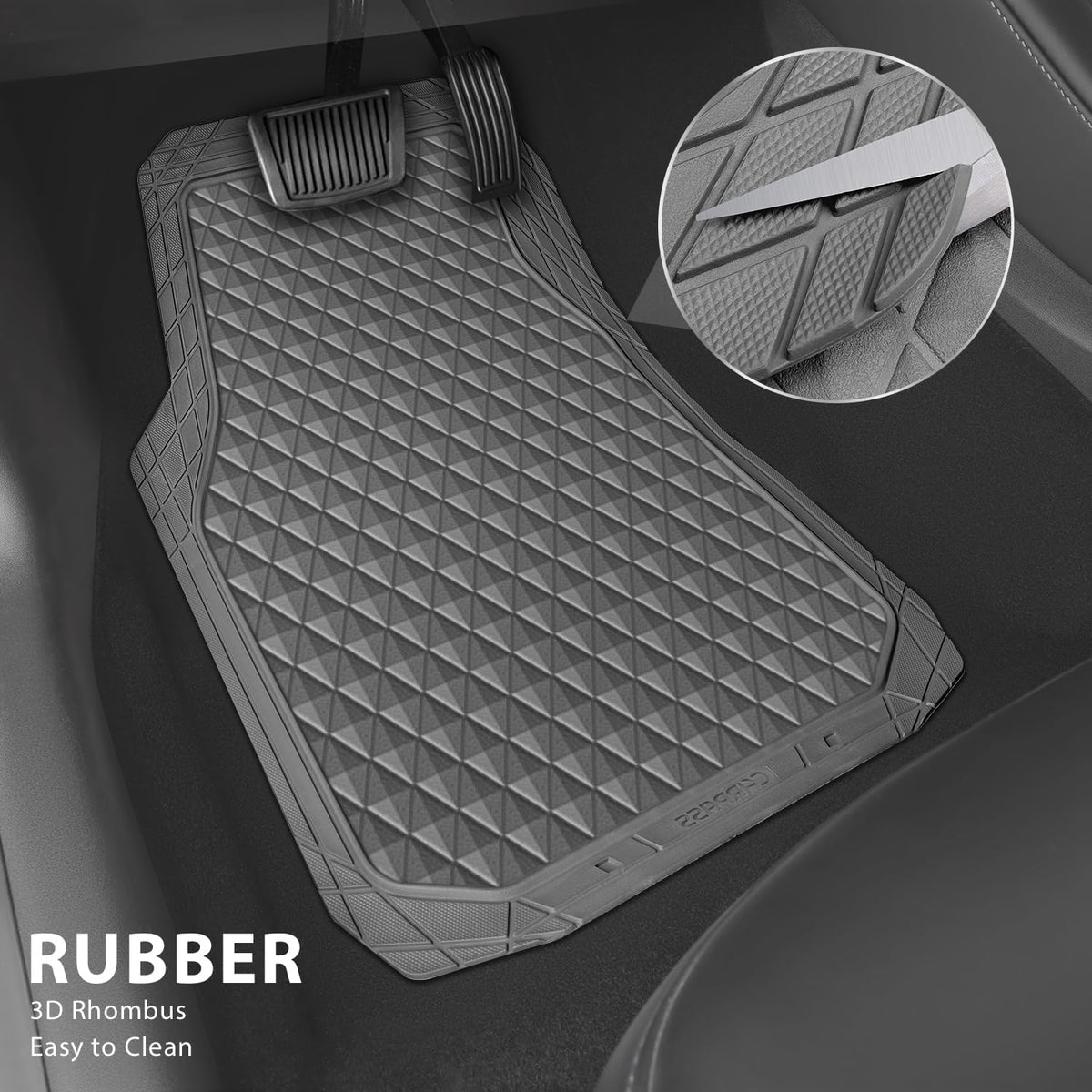 CAR PASS Black Rubber Car Mats, All-Weather Floor Mats Full Set Durable Anti-Slip 3D Rhombus Waterproof Automotive Pad Trim to Fit Liner Universal Fit for Sedan SUV Truck Van, 4 Pcs All Black Rubber