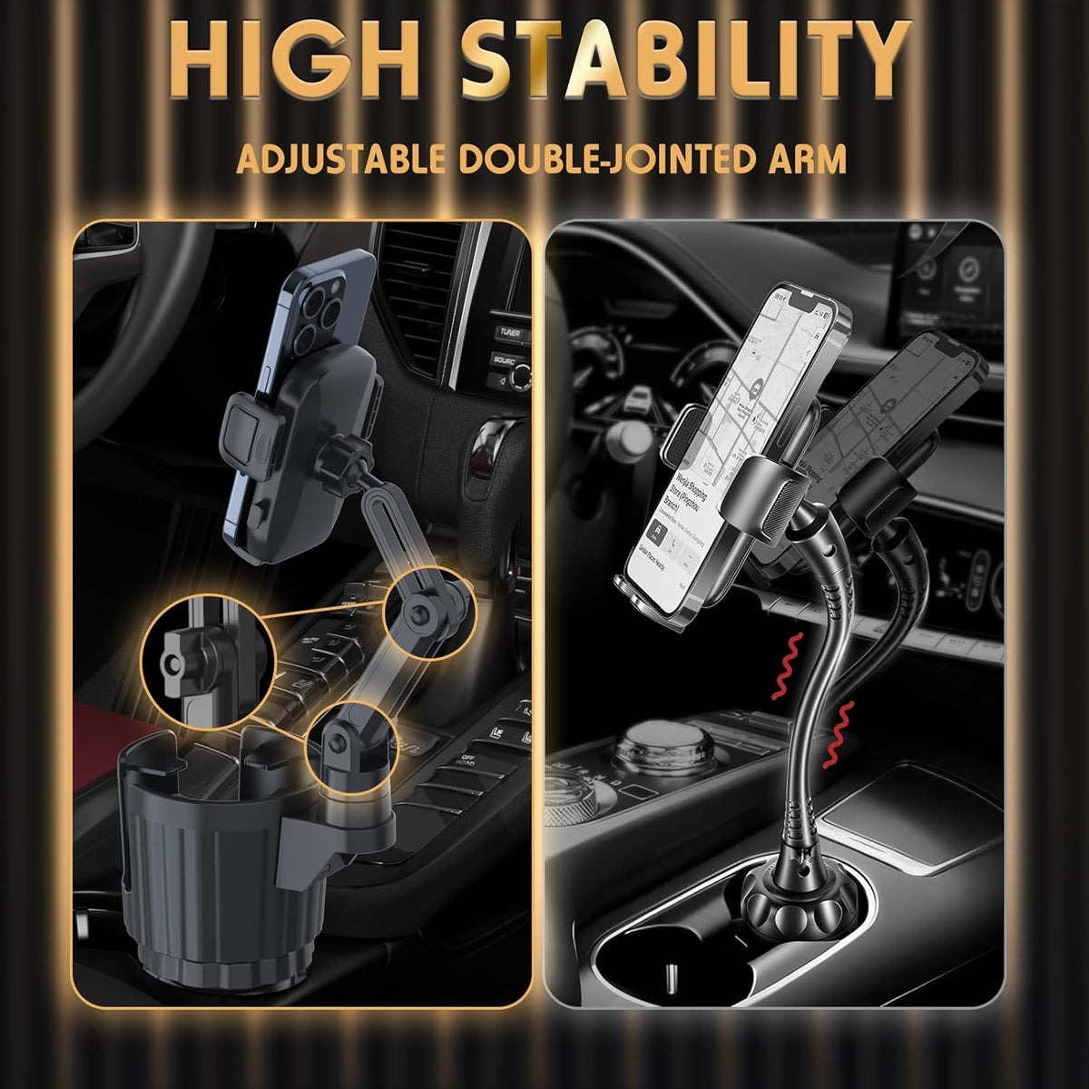bokilino Phone Holders for Your Car, 2 in 1 Universal Cup Holder Expander Adjustable Base with Phone Mount, Long Arm with 360°Rotation Cup Holder Phones Mount for Car Compatible with All Smartphones
