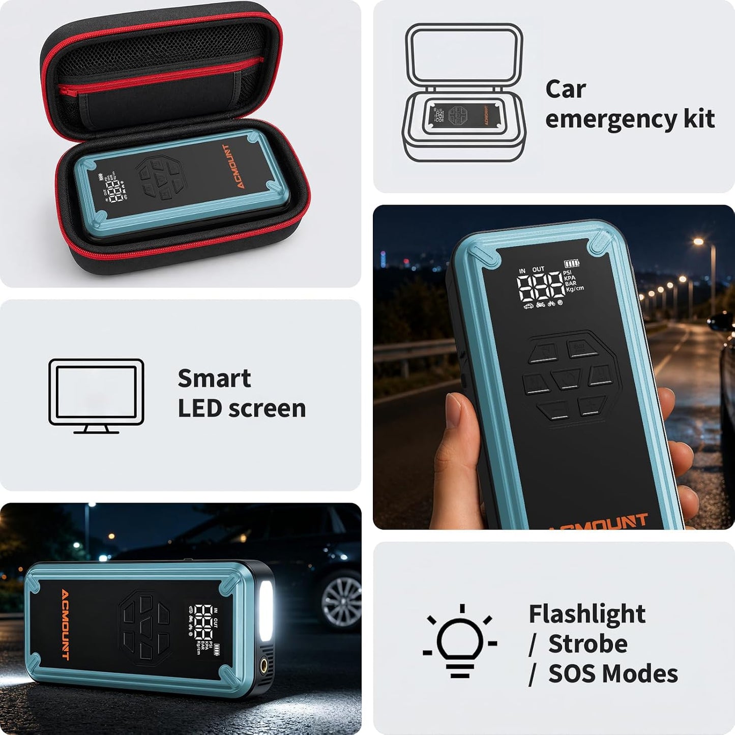 W160 Jump Starter with Air Compressor, 5000A Portable Car Jump Starter 150PSI Tire Inflator/Air Pump, 12V Battery(Up to 9L Gas/8L Diesel Engine) Jump Pack Car Emergency Kit Idea Gift for Man (Silver)