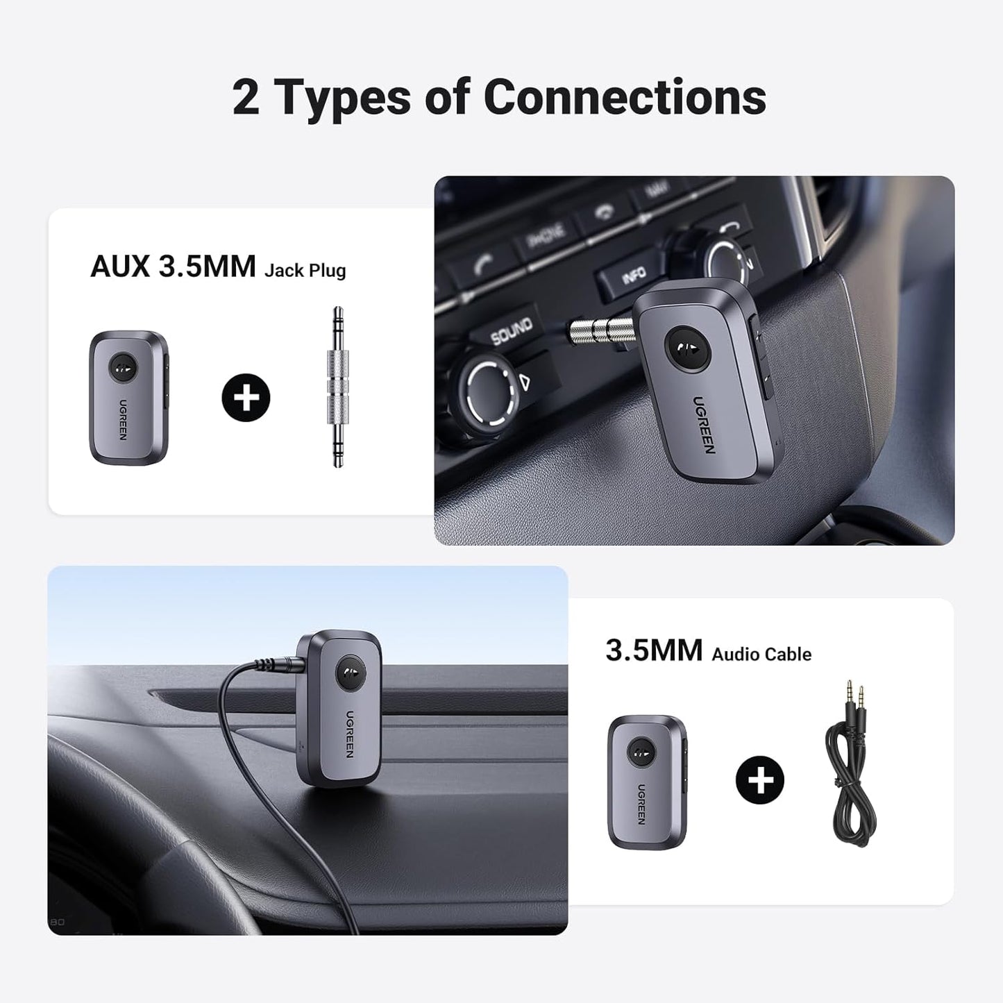 UGREEN Bluetooth 5.4 Car Adapter, Hands-Free Call & Noise Cancelling AUX to Bluetooth Adapter for Car, 3.5mm Audio Blue-Tooth Receiver for Cars Stereo Home Speaker - 15H Battery Life