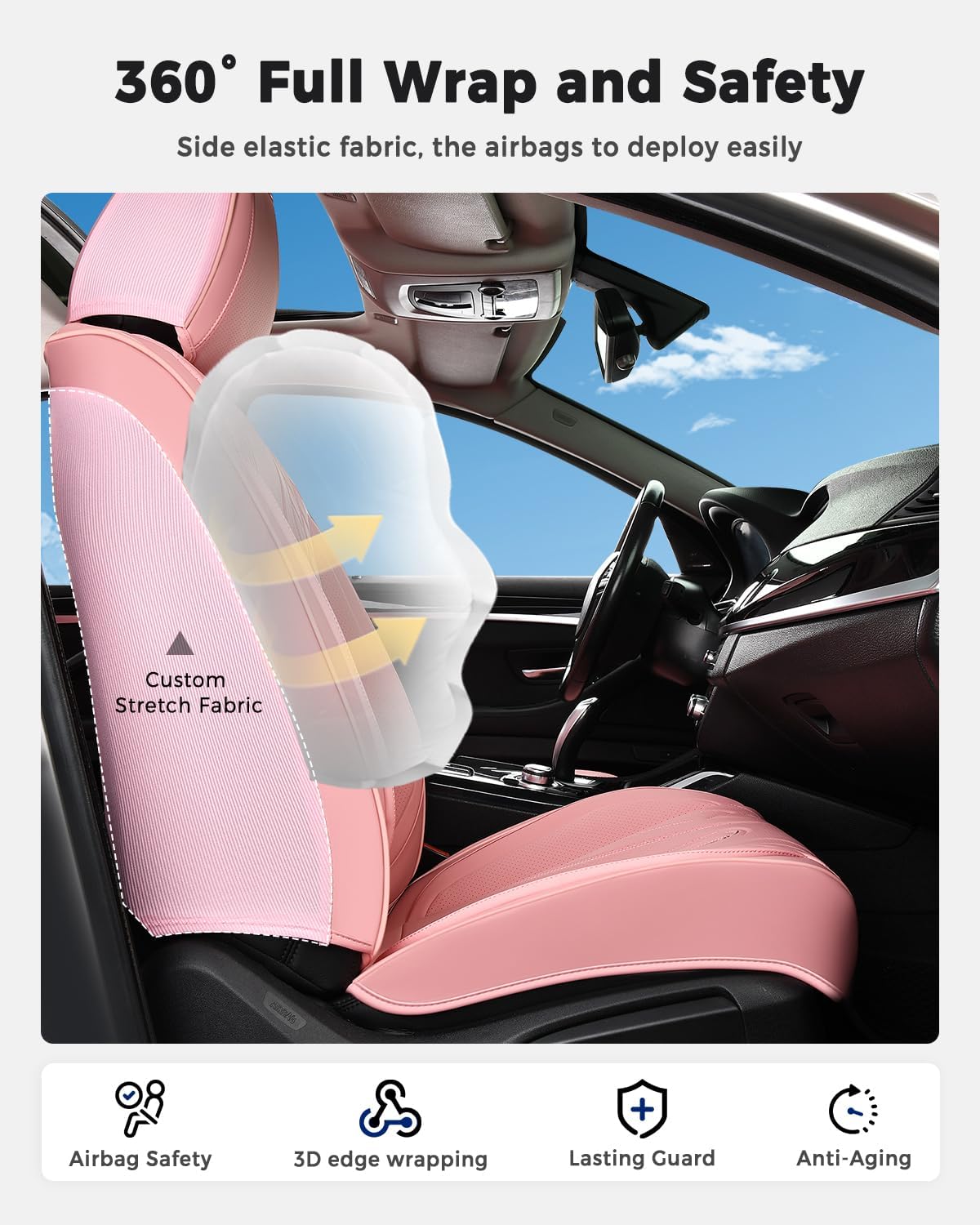 Huidasource Coffee Seat Covers Full Set, Universal Fit for Most Cars Trucks SUV, Full Coverage Leather Seat Cover, Airbag, Cupholder Compatible, Velcro Adjustable, Heaating/Cooling Function Retain