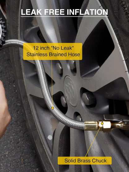 AZUNO Digital Tire Inflator with Pressure Gauge, 200 PSI, Heavy Duty Air Compressor Accessories, with Rubber Hose Lock on Air Chuck and Quick Connect Coupler, Comes with a Portable Carrying Box