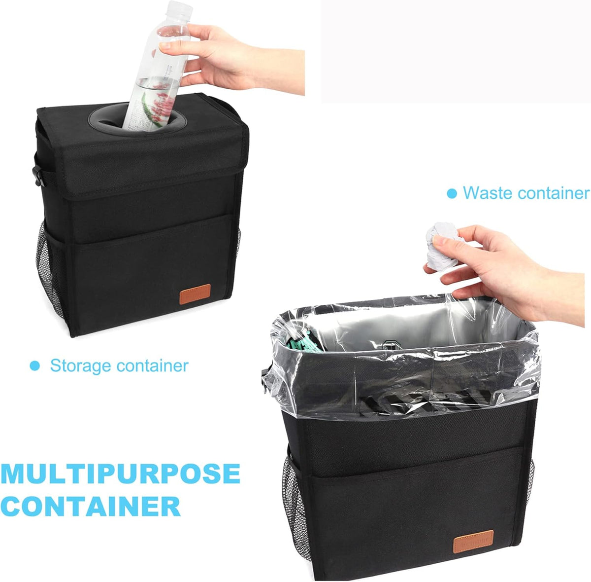 Femuar Leak Proof Car Trash Can with Lid - Waterproof Automotive Garbage Bin for SUVs, Collapsible and Portable Car Trash Bag, Black