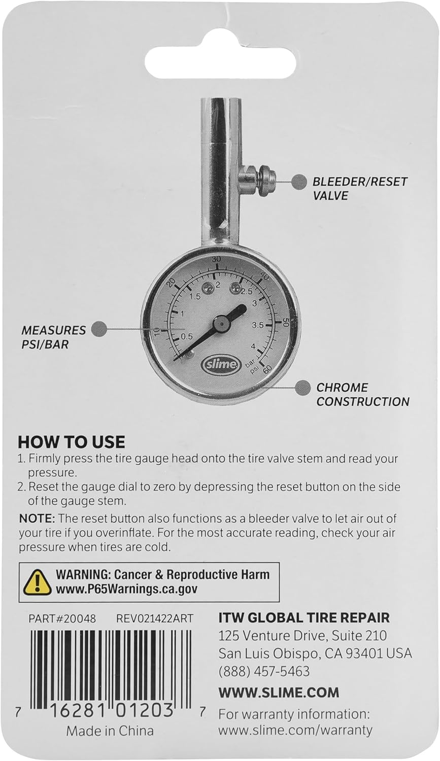 Slime 20049 Tire Pressure Gauge, Large Face Dial Analogue Gauge, 5-60 PSI