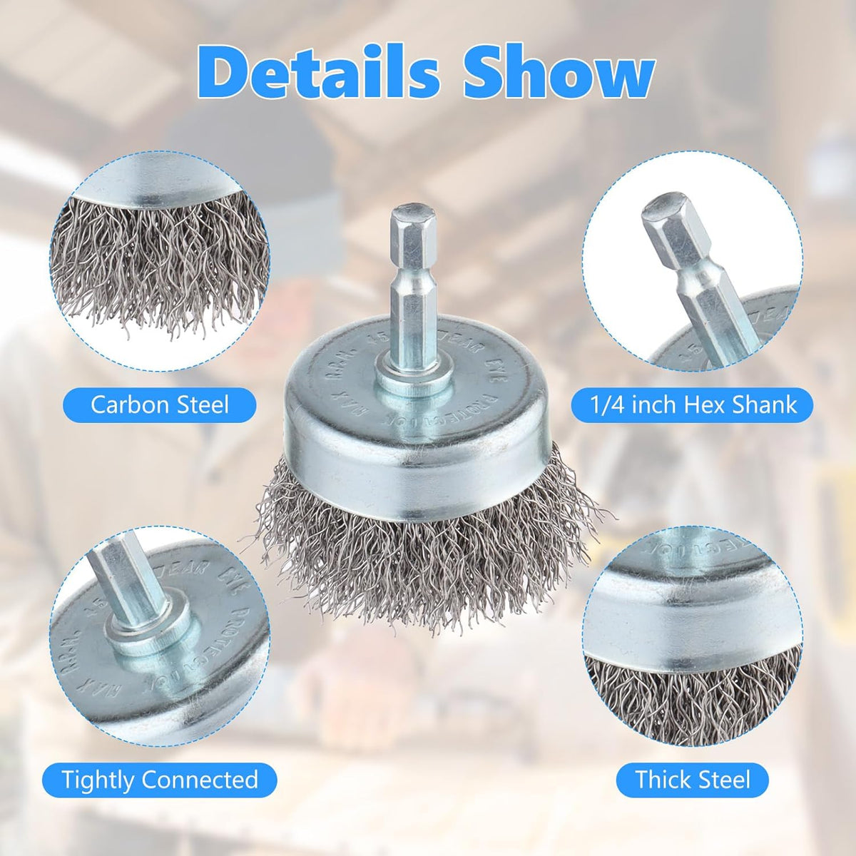 Rocaris 6 Pack Carbon Steel Wire Wheel and Pen Brush Set with 1/4-Inch Hex Shank for Rust Removal, Corrosion and Scrub Surfaces