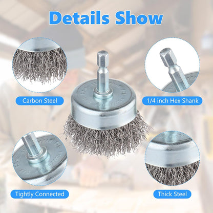 Rocaris 6 Pack Carbon Steel Wire Wheel and Pen Brush Set with 1/4-Inch Hex Shank for Rust Removal, Corrosion and Scrub Surfaces