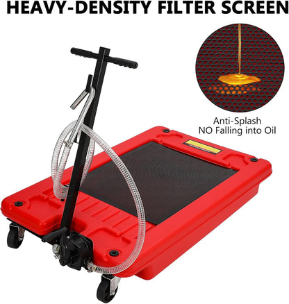 Garvee 20 gal Oil Drain Pan Oil Drain Tank, 76 L Low Profile Oil Drain Pan, Large Capacity Oil Change Pan with Manual Pump & T Foldable Hand and Wheels, 8 ft Hose Oil Drain Cart for Car, SUV, Trucks