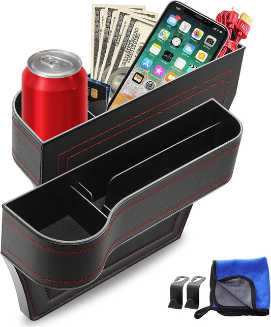 Car Seat Gap Filler, 2 Pack Car Seat Gap Filler Organizer with Cup Holders & 2 Seat Hooks, Car Console Storage Organizer, Car Organizer Front Seat for Storing Phones, Keys, Drinks, Sunglasses