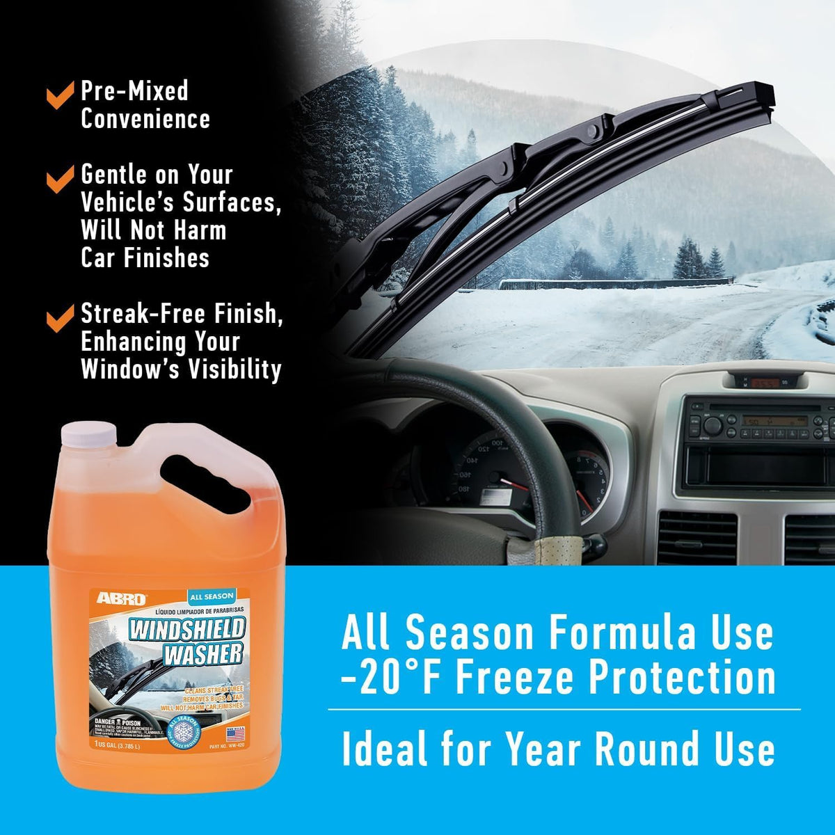 ABRO Windshield Washer Fluid Ready to Use Formula - 1 Gallon, Pre-Mixed, Streak-Free Cleanliness, 2-In-1 Removes Bugs & Tar