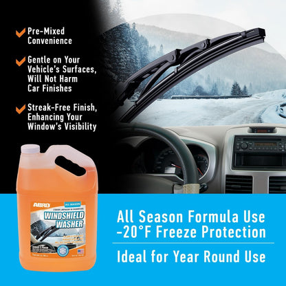 ABRO Windshield Washer Fluid Ready to Use Formula - 1 Gallon, Pre-Mixed, Streak-Free Cleanliness, 2-In-1 Removes Bugs & Tar
