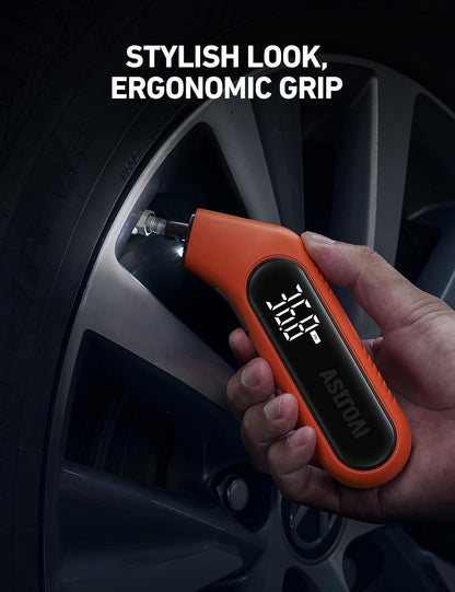 AstroAI Digital Tire Pressure Gauge 3-300PSI Calibrated to ANSI B40.7 Grade 2A (0.5%), Backlight and Flashlight, Presta Valve Adaptor Included, 4 Units, AAA Batteries, Orange