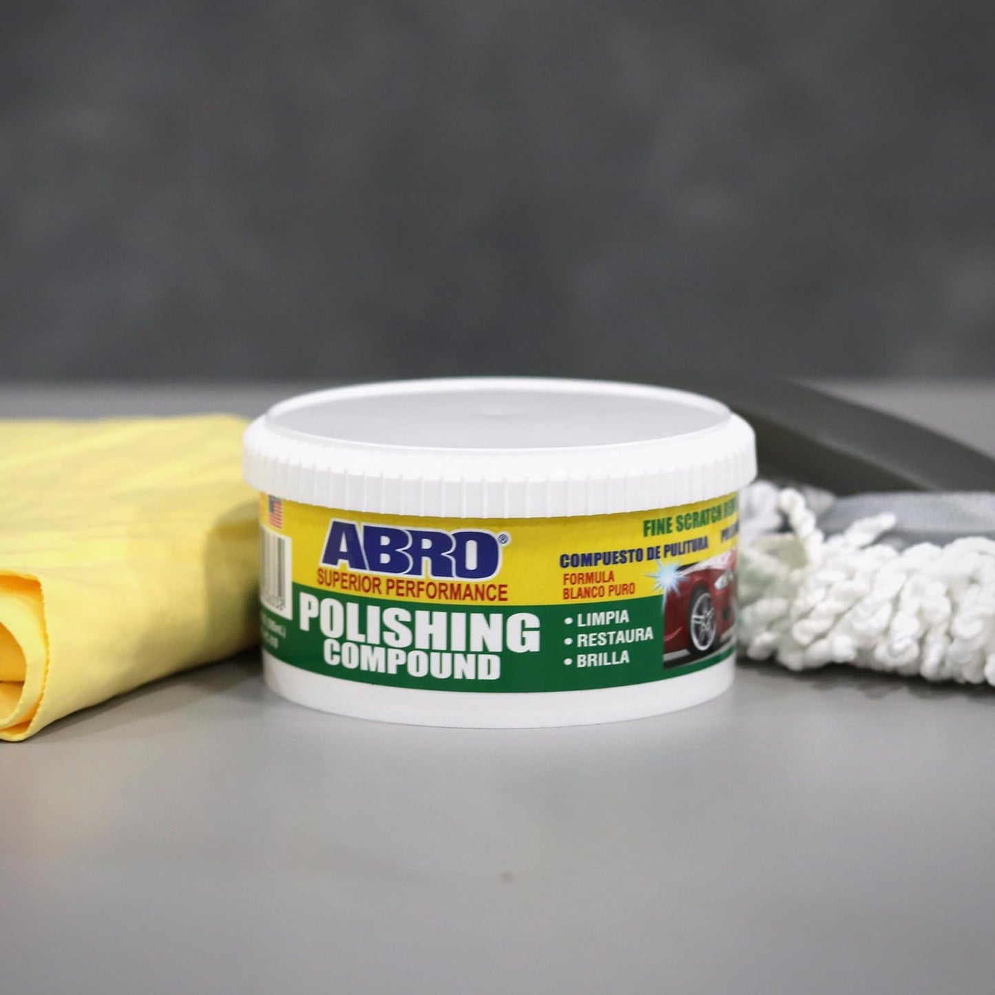 ABRO Polishing Compound 10 oz — Fine Cut Car Polish & Scratch Remover for Vehicles, Oxidized Paint, Swirl Marks, Scuffs, Dull Finish, Buffing & High-Gloss Auto Detailing