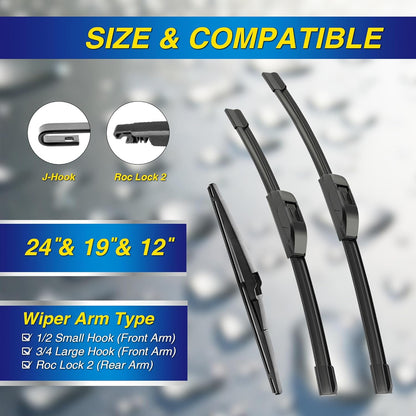 5 PLUS® Silicone Windshield Wipers Replacement for 2019-2024 Toyota RAV4/ 2006-2015 Mazda 5 Wiper Blades(Set of 3), Windshield Wiper Blades For My Car-26"/16"/12" - Colors C