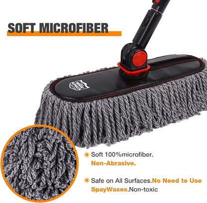 Car Duster Exterior Scratch Free,Car Dust Brush with Extendable Telescoping Handle to Remove Dust Pollen,Duster for Car,Truck,RV and Motorcycle,Large Auto Mop Duster Head, Wax Cotton Hair