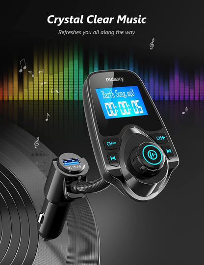Nulaxy KM18 Bluetooth 5.4 Car Adapter with 1.44" Clear Display & Flexible Gooseneck - FM Radio Transmitter & Bluetooth Receiver for Hands-Free Calls, Wireless Music via BT/FM/AUX/TF, USB Car Charger