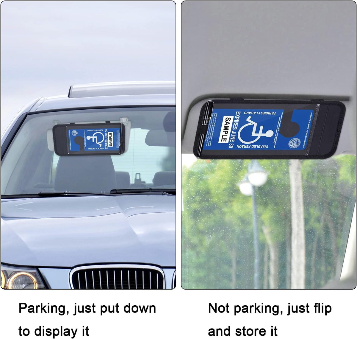 Handicap Placard Holder for Auto, Wisdompro Disabled Parking Permit Sign Protector for Car Sun Visor with Note Paper Slot, Pen Holder and Elastic Strap - Black