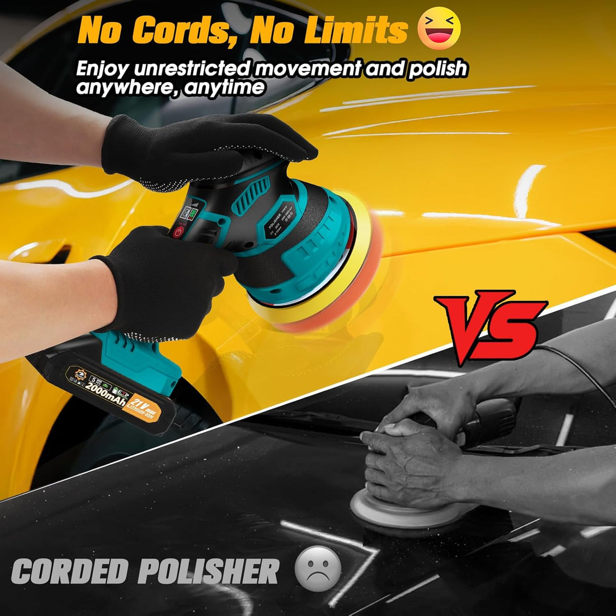 Cordless Car Buffer Polisher kit [2x 2000mAh 21V Batteries & 18 PCS Attachments] 6-Speed Orbital Design, LED Display, Lightweight Detailing Tool for Waxing, Polishing & Scratch Removal-Yellow