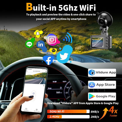Dash Cam Front and Rear: 4K Dual Channel Dash Cam - 5GHz WiFi, Dash Camera for Cars with 64GB Card, 2" IPS, App Control, G-Sensor, Loop Recording, 170° Wide Angle, Night Vision, 24H Parking Mode