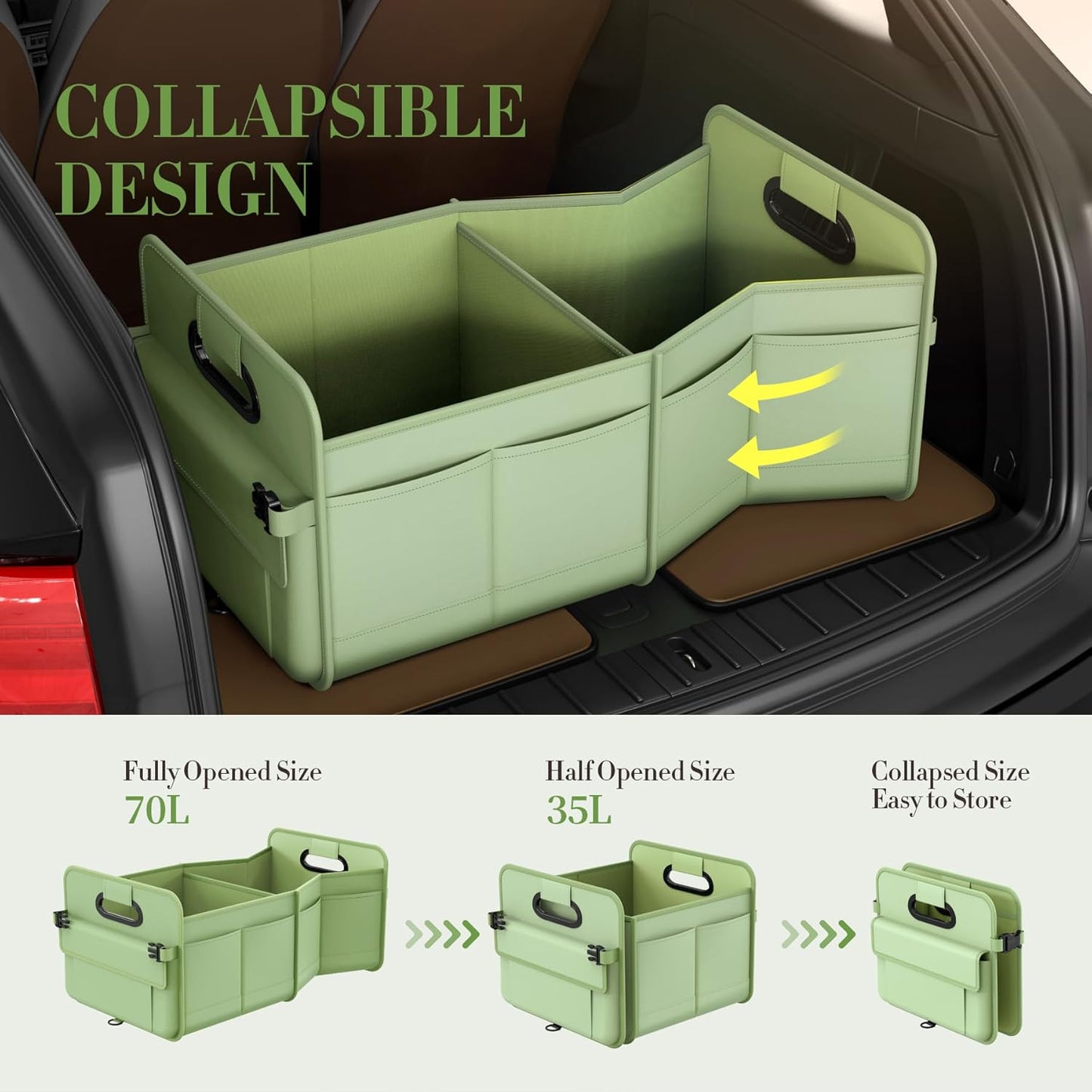 titiyiof Trunk Organizer For Suv & Sedan,Car Organizers and Storage, Waterproof Collapsible & Adjustable Straps,Sturdy Car Organization for Car Accessories, Tools,Food，Sundries,2-3 Compartment（Beige）