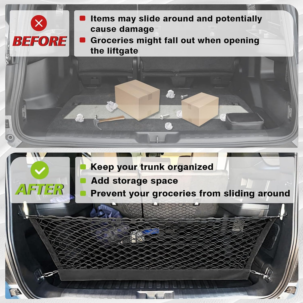 Muslogy Truck Bed Cargo Net Trunk Netting Compatible with 2023-2025 2026 Honda CR-V Accessories, Pickup Cargo Organizer SUV Sedan Storage Net w/Heavy Duty Carabiners - Colors A