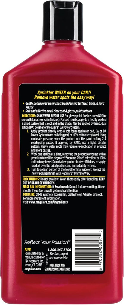 Meguiar's Water Spot Remover, Heavy Duty Water Spot Remover for Cars, Remove Water Stains and Polish Glossy Paint with a Versatile Clear Coat Safe Formula, 16 oz