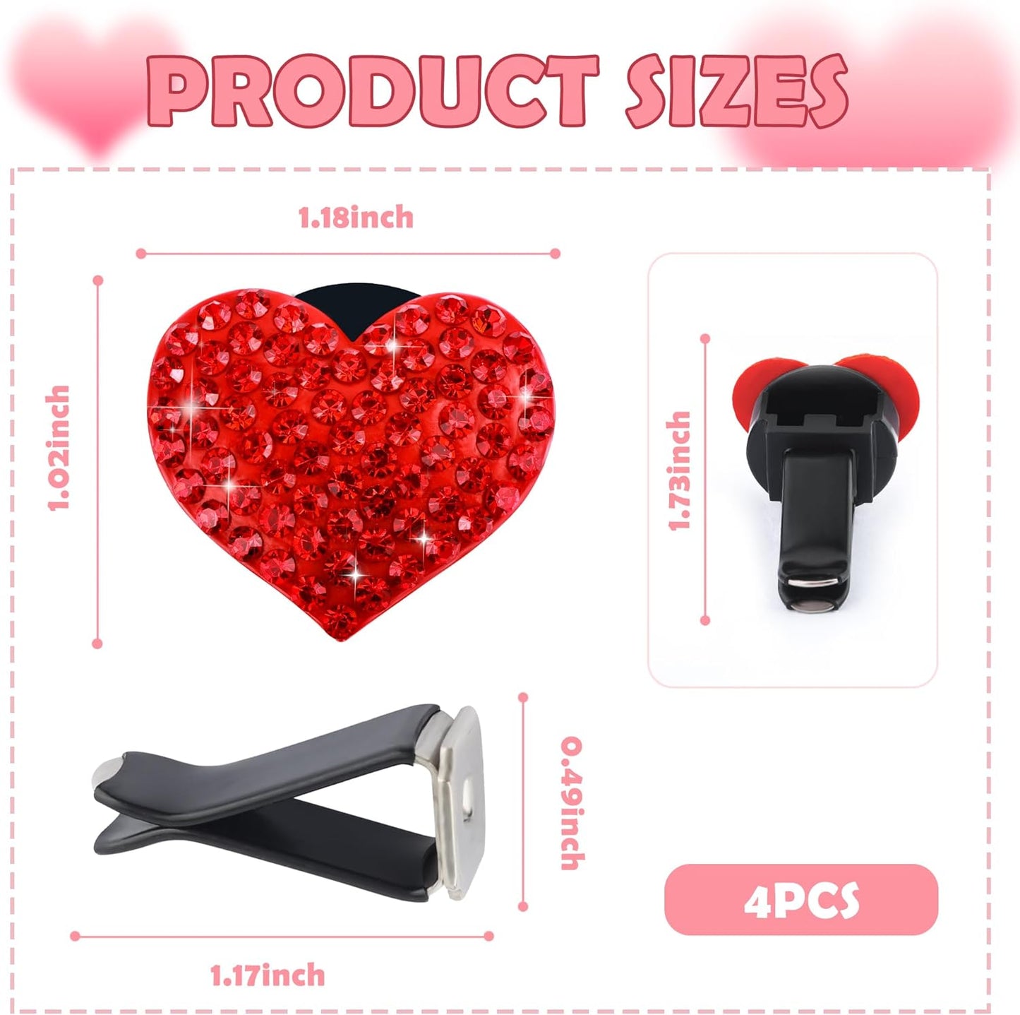 4PCS Heart-Shaped Car Vent Clips with Rhinestone,Bling Air Vent Clips Car Decorations,Premium Shiny Car Clips for Vents CCar Accessories Interior for Cars,Trucks,SUVs (Pink)