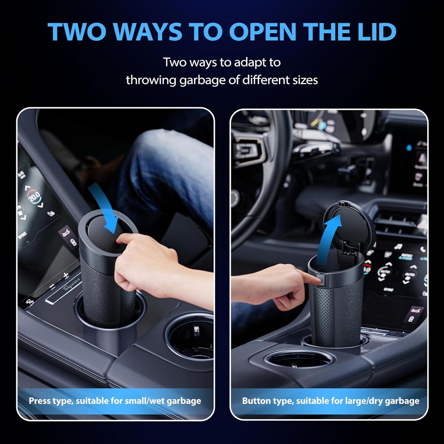 Car Trash Can Bin with Lid, 2 Packs,Mini Small Garbage Can Bin,Cup Holder Trash Can for Vehicle, Car's Door, Back Seat - Leakproof Portable Dustbin (Black)