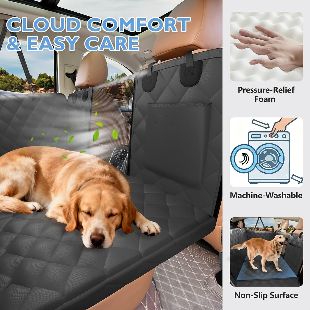 Back Seat Extender for Dogs-Large Space, Dog Car Seat Cover Hard Bottom Holds 420lbs, Sturdy Backseat Extender for Dogs,Upgraded Waterproof Pet Car Bed Dog Hammock for Car, SUV,Truck, Black